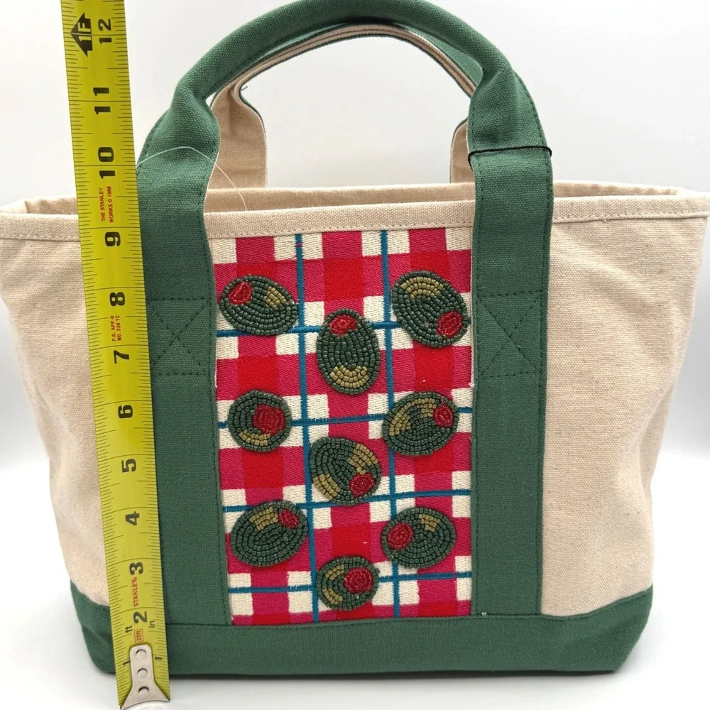 America & Beyond Beaded Olive Canvas Boat Tote Italian Picnic Market Bag NEW - Picture 5 of 7